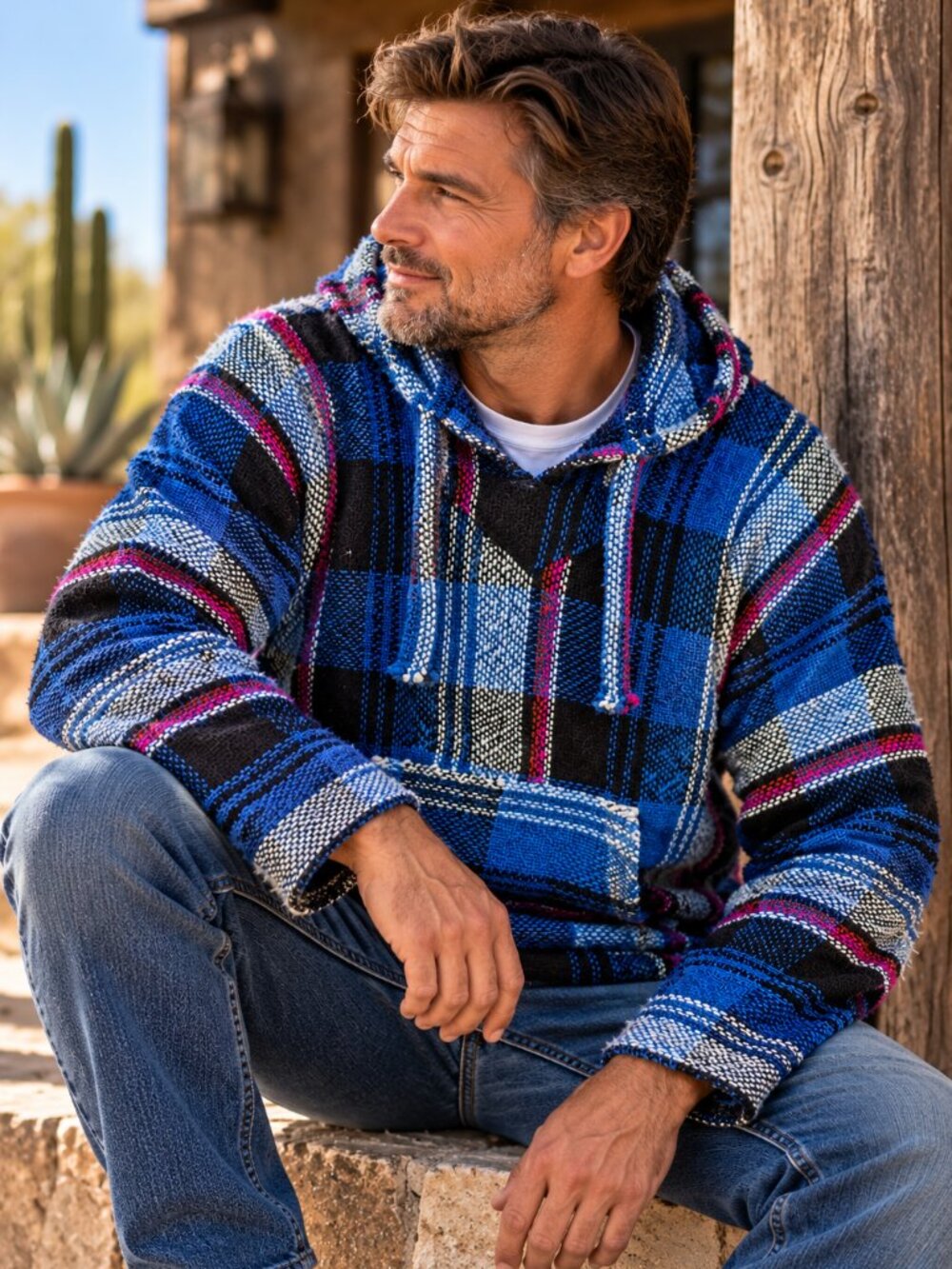 Mexican Baja Hoodie Men's XL Blue Black Striped Woven Pullover Drug Rug